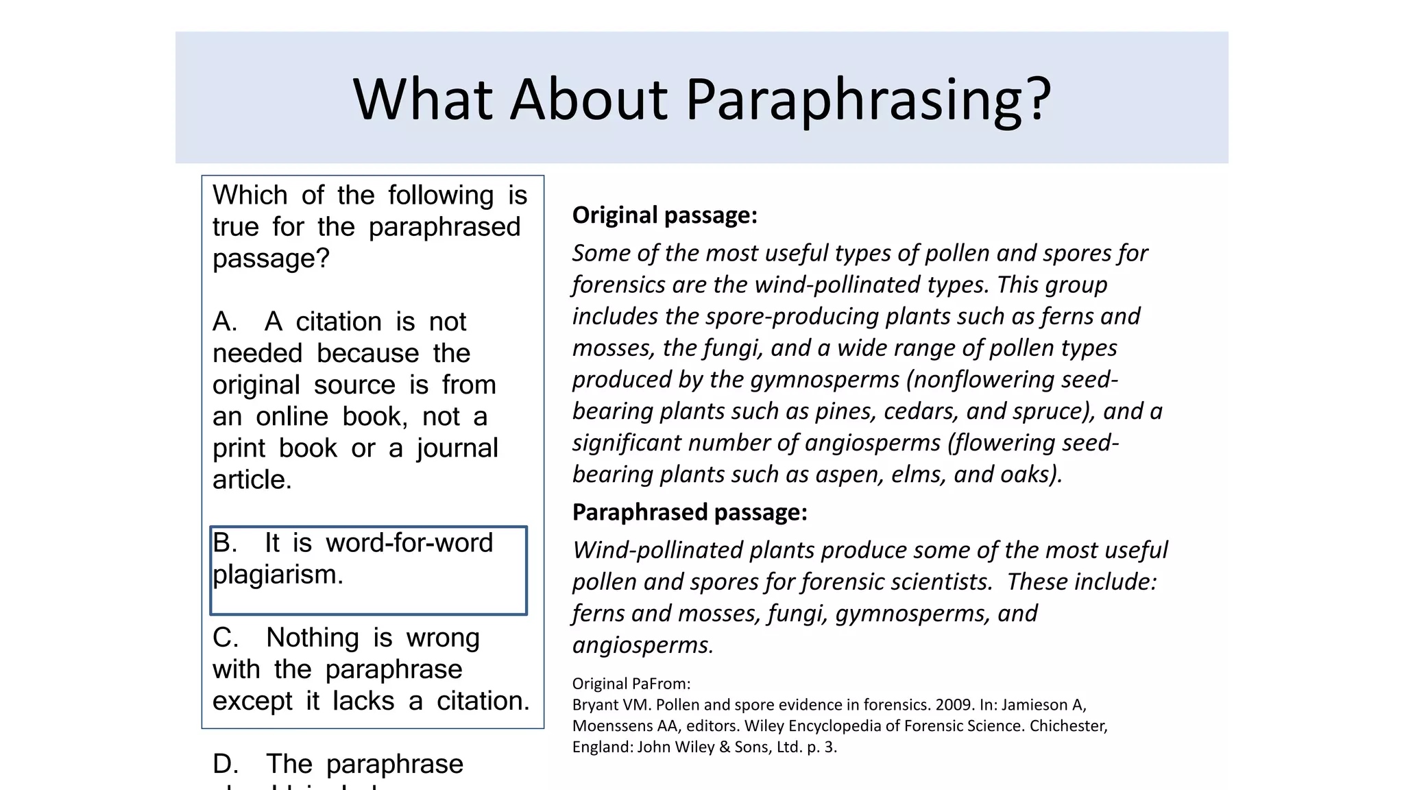 What About Paraphrasing? 
Original passage: 
Some of the most useful types of pollen and spores for 
forensics are the wind-pollinated types. This group 
includes the spore-producing plants such as ferns and 
mosses, the fungi, and a wide range of pollen types 
produced by the gymnosperms (nonflowering seed-bearing 
plants such as pines, cedars, and spruce), and a 
significant number of angiosperms (flowering seed-bearing 
plants such as aspen, elms, and oaks). 
Paraphrased passage: 
Wind-pollinated plants produce some of the most useful 
pollen and spores for forensic scientists. These include: 
ferns and mosses, fungi, gymnosperms, and 
angiosperms. 
Original PaFrom: 
Bryant VM. Pollen and spore evidence in forensics. 2009. In: Jamieson A, 
Moenssens AA, editors. Wiley Encyclopedia of Forensic Science. Chichester, 
England: John Wiley & Sons, Ltd. p. 3. 
Which of the following is 
true for the paraphrased 
passage? 
A. A citation is not 
needed because the 
original source is from 
an online book, not a 
print book or a journal 
article. 
B. It is word-for-word 
plagiarism. 
C. Nothing is wrong 
with the paraphrase 
except it lacks a citation. 
D. The paraphrase 
should include more 
 