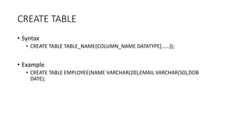 CREATE TABLE
• Syntax
• CREATE TABLE TABLE_NAME(COLUMN_NAME DATATYPE[……]);
• Example
• CREATE TABLE EMPLOYEE(NAME VARCHAR(20),EMAIL VARCHAR(50),DOB
DATE);
 