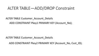 ALTER TABLE—ADD/DROP Constraint
ALTER TABLE Customer_Account_Details
ADD CONSTRAINT Pkey1 PRIMARY KEY (Account_No);
ALTER TABLE Customer_Account_Details
ADD CONSTRAINT Pkey2 PRIMARY KEY (Account_No, Cust_ID);
 