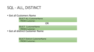 SQL - ALL, DISTINCT
• Get all Customers Name
OR
• Get all distinct Customer Name
SELECT ALL CustomerName
FROM Customer;
SELECT CustomerName
FROM Customer;
SELECT Distinct CustomerName
FROM Customer;
 