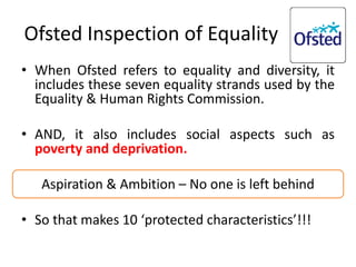 Ofsted Inspection of Equality
• When Ofsted refers to equality and diversity, it
includes these seven equality strands used by the
Equality & Human Rights Commission.
• AND, it also includes social aspects such as
poverty and deprivation.
Aspiration & Ambition – No one is left behind
• So that makes 10 ‘protected characteristics’!!!
 