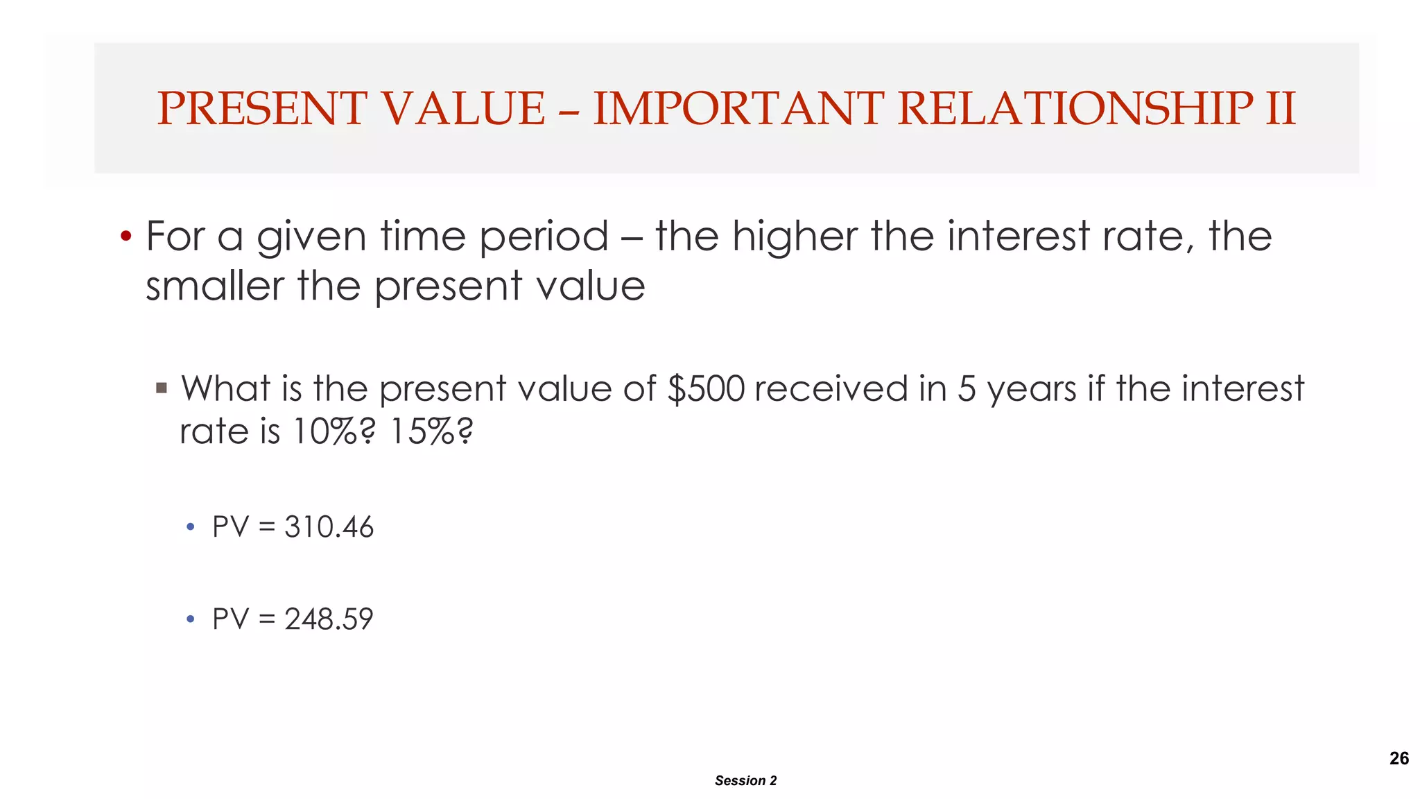 26
• For a given time period – the higher the interest rate, the
smaller the present value
 What is the present value of $500 received in 5 years if the interest
rate is 10%? 15%?
• PV = 310.46
• PV = 248.59
PRESENT VALUE – IMPORTANT RELATIONSHIP II
Session 2
 