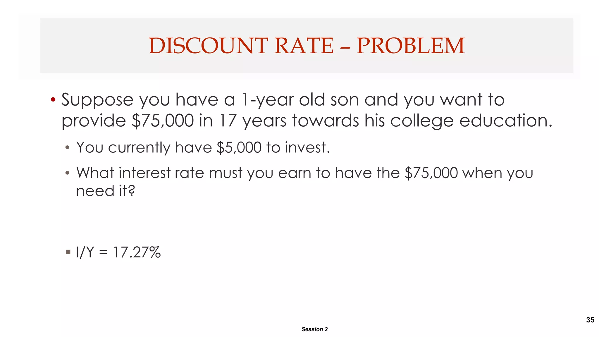 35
• Suppose you have a 1-year old son and you want to
provide $75,000 in 17 years towards his college education.
• You currently have $5,000 to invest.
• What interest rate must you earn to have the $75,000 when you
need it?
 I/Y = 17.27%
DISCOUNT RATE – PROBLEM
Session 2
 