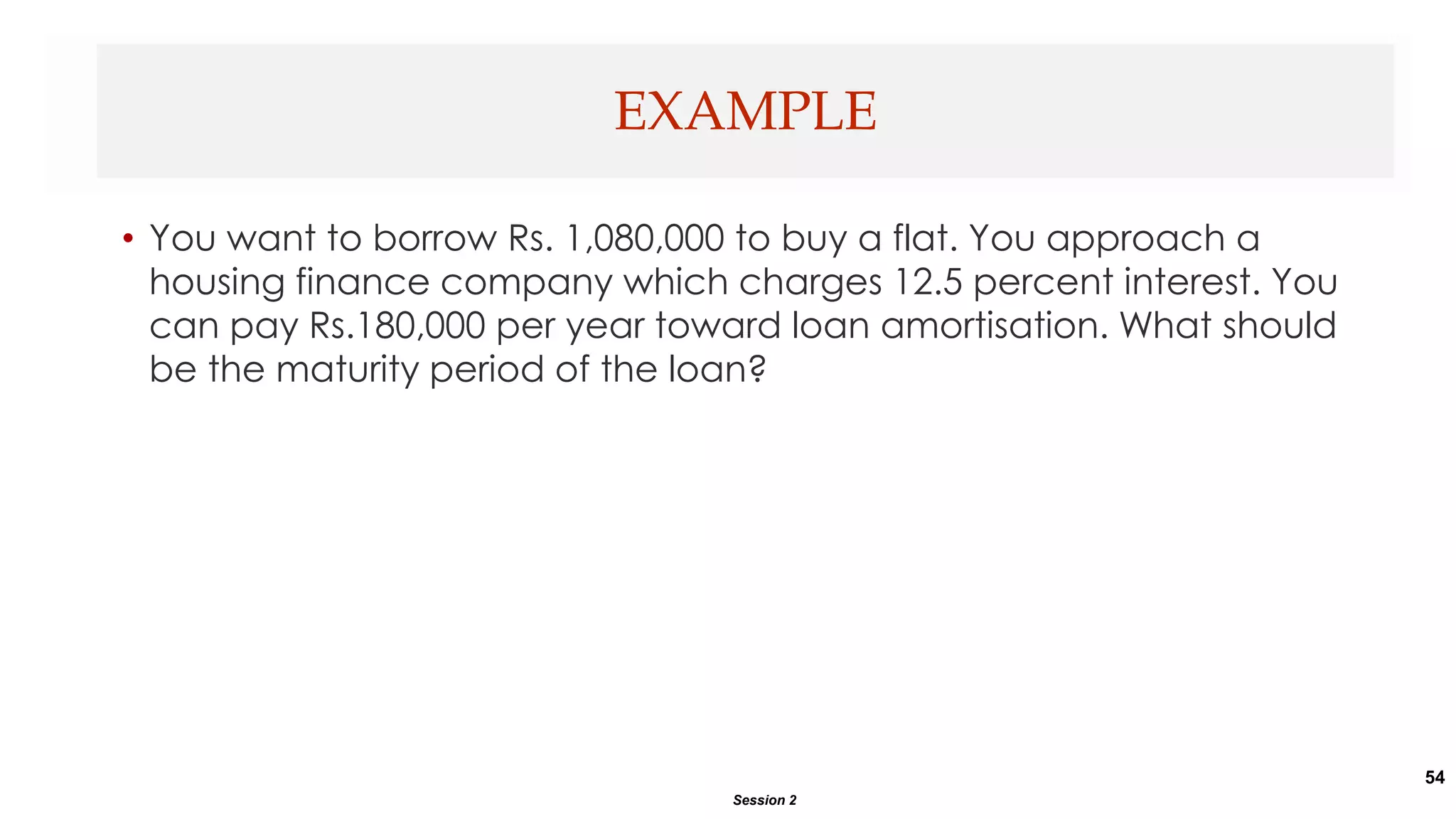 54
• You want to borrow Rs. 1,080,000 to buy a flat. You approach a
housing finance company which charges 12.5 percent interest. You
can pay Rs.180,000 per year toward loan amortisation. What should
be the maturity period of the loan?
EXAMPLE
Session 2
 