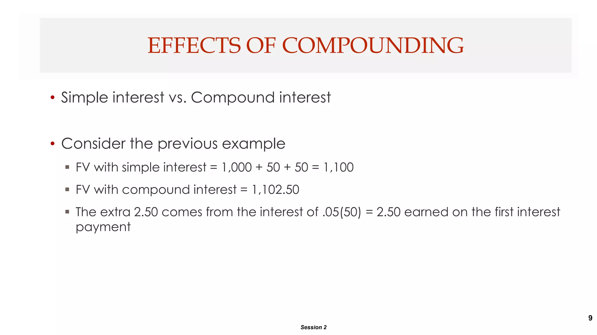 9
• Simple interest vs. Compound interest
• Consider the previous example
 FV with simple interest = 1,000 + 50 + 50 = 1,100
 FV with compound interest = 1,102.50
 The extra 2.50 comes from the interest of .05(50) = 2.50 earned on the first interest
payment
EFFECTS OF COMPOUNDING
Session 2
 