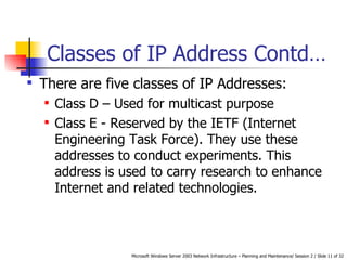 Classes of IP Address Contd… There are five classes of IP Addresses: Class D –  Used for multicast purpose Class E - Reserved by the IETF (Internet Engineering Task Force). They use these addresses to conduct experiments. This address is used to carry research to enhance Internet and related technologies.  