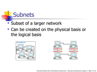 Subnets Subset of a larger network Can be created on the physical basis or the logical basis   