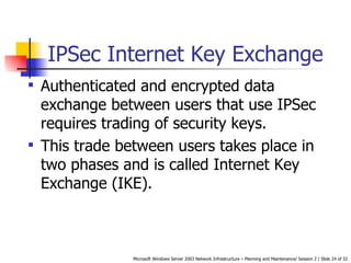 IPSec Internet Key Exchange Authenticated and encrypted data exchange between users that use IPSec requires trading of security keys.  This trade between users takes place in two phases and is called Internet Key Exchange (IKE).  