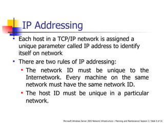 IP Addressing Each host in a TCP/IP network is assigned a unique parameter called IP address to identify itself on network There are two rules of IP addressing: The network ID must be unique to the Internetwork. Every machine on the same network must have the same network ID.  The host ID must be unique in a particular network.   