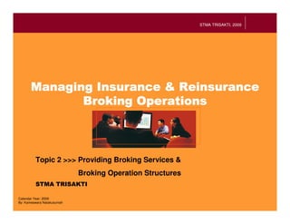 STMA TRISAKTI, 2009




         Topic 2 >>> Providing Broking Services &
                            Broking Operation Structures


Calendar Year: 2009
By: Kameswara Natakusumah
 