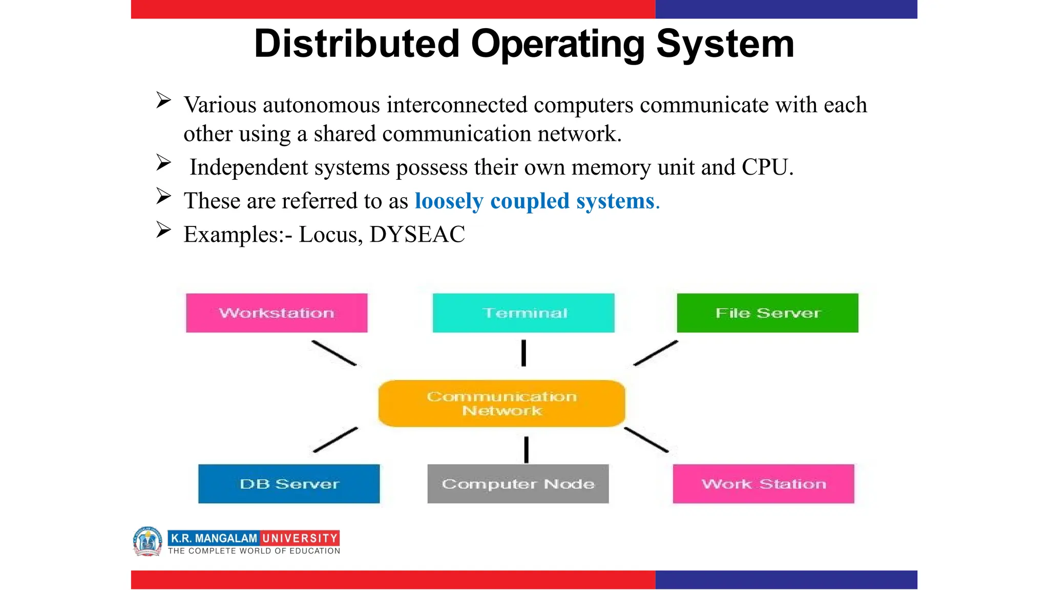 Distributed Operating System
 Various autonomous interconnected computers communicate with each
other using a shared communication network.
 Independent systems possess their own memory unit and CPU.
 These are referred to as loosely coupled systems.
 Examples:- Locus, DYSEAC
 