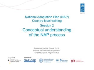 Slide 1
National Adaptation Plan (NAP)
Country-level training
Supported By In cooperation with
Session 2
Conceptual understanding
of the NAP process
Presented by Nat Pinnoi, Ph.D.
Private Sector Finance Specialist
UNDP Bangkok Regional Hub
 