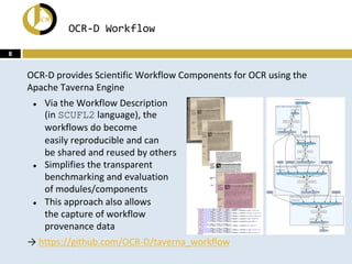 OCR-D provides Scientific Workflow Components for OCR using the
Apache Taverna Engine
● Via the Workflow Description
(in SCUFL2 language), the
workflows do become
easily reproducible and can
be shared and reused by others
● Simplifies the transparent
benchmarking and evaluation
of modules/components
● This approach also allows
the capture of workflow
provenance data
→ https://github.com/OCR-D/taverna_workflow
OCR-D Workflow
8
 