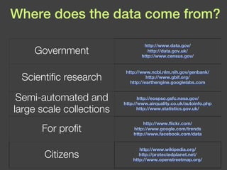 Where does the data come from? Government http://www.data.gov / http://data.gov.uk/ http://www.census.gov/ Scientific research http://www.ncbi.nlm.nih.gov/genbank/ http://www.gbif.org/ http://earthengine.googlelabs.com Semi-automated and large scale collections http://eospso.gsfc.nasa.gov/ http://www.airquality.co.uk/autoinfo.php http://www.statistics.gov.uk/ For profit http://www.flickr.com/ http://www.google.com/trends http://www.facebook.com/data Citizens http://www.wikipedia.org / http://protectedplanet.net/ http://www.openstreetmap.org/ 
