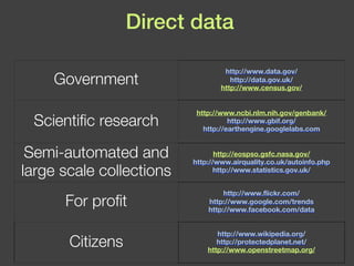 Direct data Government http://www.data.gov / http://data.gov.uk/ http://www.census.g ov/ Scientific research http://www.ncbi.nlm.nih.gov/genbank/ http://www.gbif.org/ http://earthengine.googlelabs.com Semi-automated and large scale collections http://eospso.gsfc.nasa.gov / http://www.airquality.co.uk/autoinfo.php http://www.statistics.gov.uk/ For profit http://www.flickr.com/ http://www.google.com/trends http://www.facebook.com/data Citizens http://www.wikipedia.org / http://protectedplanet.net/ http://www.openstreetmap .org/ 