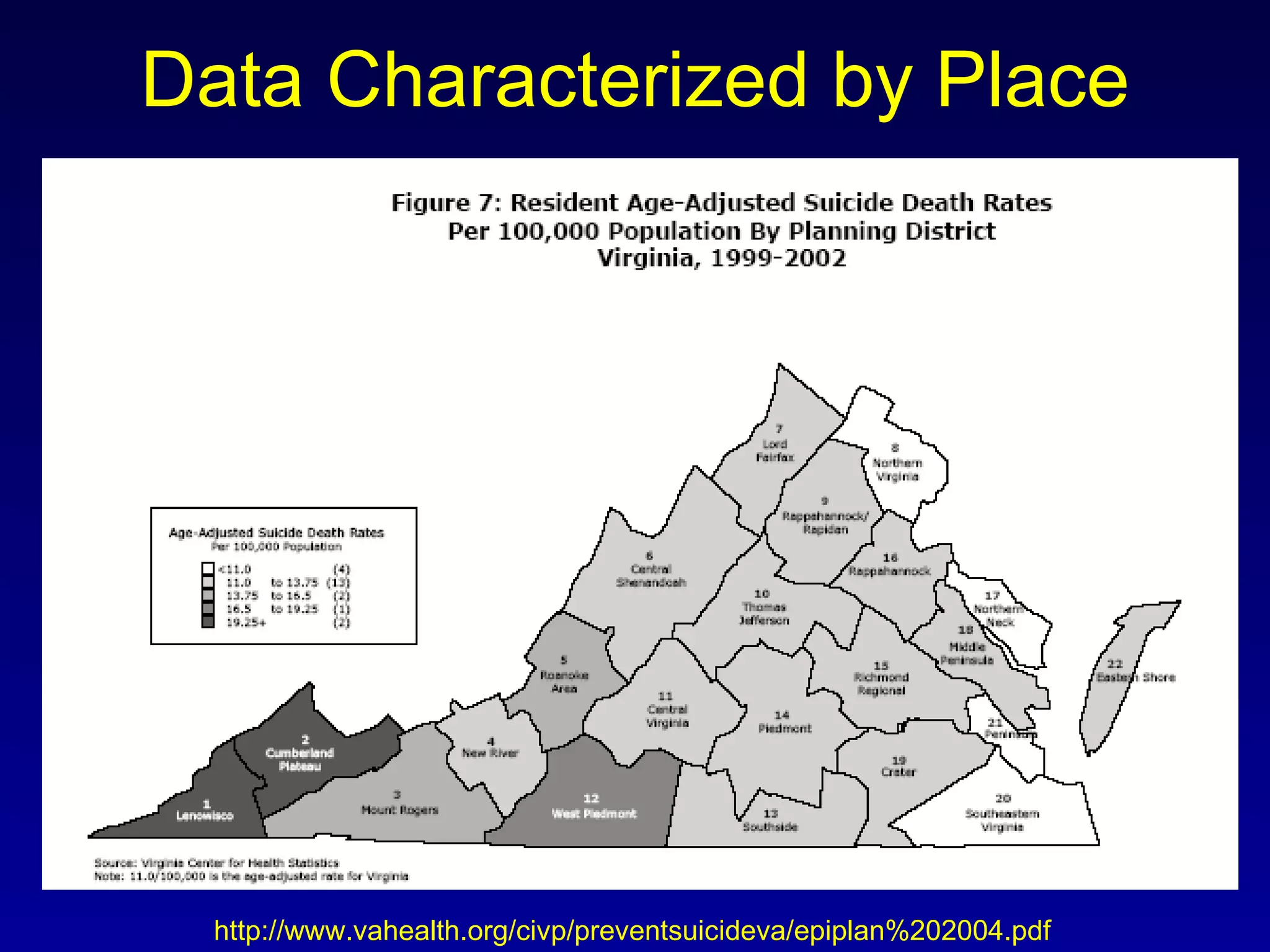 Data Characterized by Place http://www.vahealth.org/civp/preventsuicideva/epiplan%202004.pdf 