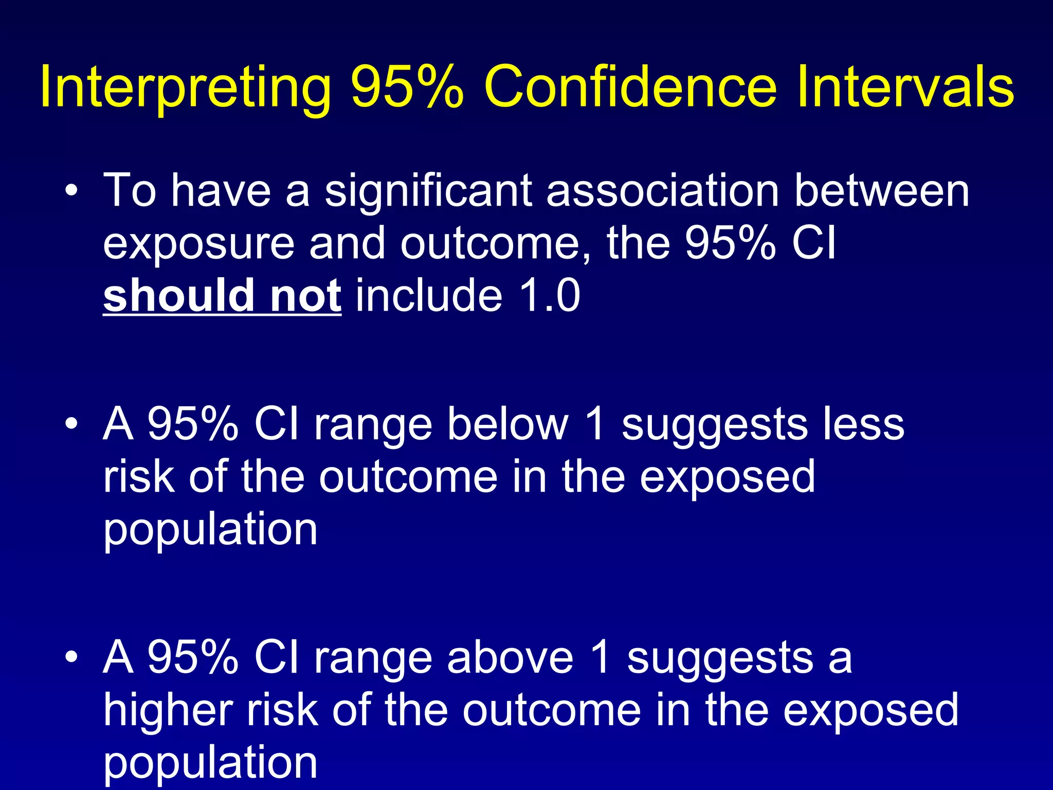 Interpreting 95% Confidence Intervals To have a significant association between exposure and outcome, the 95% CI  should not  include 1.0 A 95% CI range below 1 suggests less risk of the outcome in the exposed population A 95% CI range above 1 suggests a higher risk of the outcome in the exposed population 