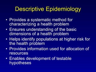 Descriptive Epidemiology Provides a systematic method for characterizing a health problem Ensures understanding of the basic dimensions of a health problem Helps identify populations at higher risk for the health problem Provides information used for allocation of resources Enables development of testable hypotheses 