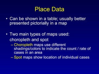 Place Data Can be shown in a table; usually better presented pictorially in a map Two main types of maps used:  choropleth and spot Choropleth  maps use different shadings/colors to indicate the count / rate of cases in an area Spot  maps show location of individual cases 