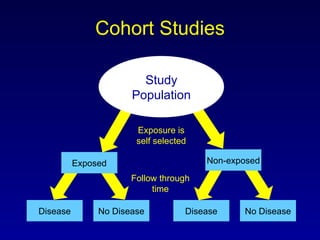 Cohort Studies Disease No Disease Study Population Exposed Non-exposed No Disease Disease Exposure is self selected Follow through time 