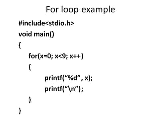 For loop example
#include<stdio.h>
void main()
{
   for(x=0; x<9; x++)
   {
        printf(“%d”, x);
        printf(“n”);
   }
}
 