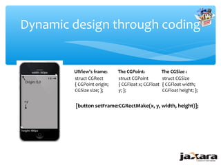 Dynamic design through coding


        UIView's frame:     The CGPoint:           The CGSize :
        struct CGRect       struct CGPoint         struct CGSize
        { CGPoint origin;   { CGFloat x; CGFloat   { CGFloat width;
        CGSize size; };     y; };                  CGFloat height; };


        [button setFrame:CGRectMake(x, y, width, height)];
 