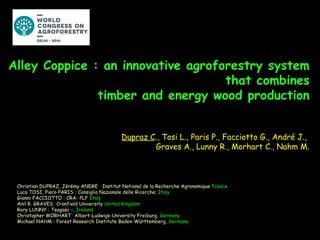 Alley Coppice : an innovative agroforestry system
that combines
timber and energy wood production
Dupraz C., Tosi L., Paris P., Facciotto G., André J.,
Graves A., Lunny R., Morhart C., Nahm M.
Christian DUPRAZ, Jérémy ANDRE  : Institut National de la Recherche Agronomique France
Luca TOSI, Piero PARIS : Consiglio Nazionale delle Ricerche; Italy
Gianni FACCIOTTO : CRA- PLF Italy
Anil R. GRAVES : Cranfield University United Kingdom
Rory LUNNY : Teagasc –, Ireland
Christopher MORHART : Albert-Ludwigs-University Freiburg, Germany
Michael NAHM : Forest Research Institute Baden-Württemberg, Germany
 
 
 