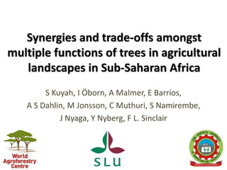 Synergies and trade-offs amongst
multiple functions of trees in agricultural
landscapes in Sub-Saharan Africa
S Kuyah, I Öborn, A Malmer, E Barrios,
A S Dahlin, M Jonsson, C Muthuri, S Namirembe,
J Nyaga, Y Nyberg, F L. Sinclair
 