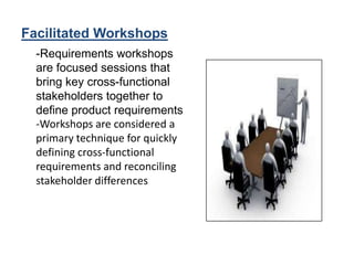 Facilitated Workshops
-Requirements workshops
are focused sessions that
bring key cross-functional
stakeholders together to
define product requirements
-Workshops are considered a
primary technique for quickly
defining cross-functional
requirements and reconciling
stakeholder differences
 