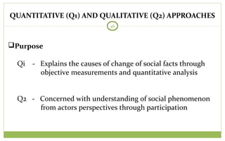 QUANTITATIVE (Q1) AND QUALITATIVE (Q2) APPROACHES
46
Purpose
Qi - Explains the causes of change of social facts through
objective measurements and quantitative analysis
Q2 - Concerned with understanding of social phenomenon
from actors perspectives through participation
 