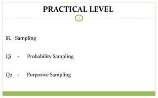 PRACTICAL LEVEL
51
iii. Sampling
Qi - Probability Sampling
Q2 - Purposive Sampling
 