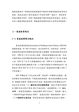 2
國與我國相同，同樣地認為東協國家中越南和泰國是最值得投資的目
的地，因此本文除了對於東協近 5 年來的 GDP、進出口、等經貿資
訊進行概略介紹外，亦將了解我國與中國於東協的貿易現況，並深入
分析二國投資概況與差異，期能提供相關資訊給予各界參考與應用。
二、東協經貿現況
(一) 東協經濟整合概況
東南亞國家協會(Association of Southeast Asian Nations, ASEAN)
簡稱為東協，於 1967 年所創立，成立係因印尼、馬來西亞、菲律賓、
泰國及新加坡等五個國家為防堵共產主義擴散、促進區域經貿交流及
合作。1984 年 1 月 8 日汶萊入會後，東協會員國增加為六國，而這
六國即現在大家所稱的東協創始會員國，隨後 1995 年 7 月 28 日越南
入會，1997 年 7 月 23 日寮國與緬甸入會，1999 年 4 月柬埔寨入會，
至今東協會員國已擴增為十個，三十餘年來歷經不同階段的政治、經
濟結合，終在 2015 年 12 月 31 日正式成立「東協經濟共同體」（AEC），
可參見圖 1。
AEC 架構包含了四大支柱目標：創造單一市場與生產基地、邁
向具競爭力的經濟區域、平衡區域經濟發展、與全球經濟體系完全整
合。根據本文匯整，為朝向這四大支柱，東協各國已向前邁進五大步，
這五大步分別為：（1）撤除貨品貿易關稅障礙：東協 10 國平均稅率
從 2000 年的 4.4％下降至 2013 年的 0.6％，並持續降低；（2）設立
ASW ：為達貿易便捷化，東協各國於 2015 年設立「 東協單一窗口」
（ASEAN Single Window, ASW），成為全球第一個區域級單一窗口；
（3）8 種專科文憑流通：對於區域內的 8 種專科文憑包括工程師、
 