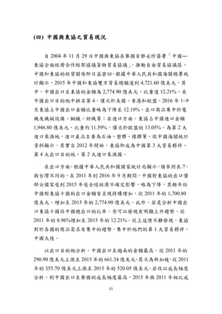 21
(四) 中國與東協之貿易現況
自 2004 年 11 月 29 日中國與東協在寮國首都永珍簽署「中國―
東協全面經濟合作框架協議貨物貿易協議」，推動自由貿易協議區，
中國和東協的經貿關係即日益密切。根據中華人民共和國海關總署統
計顯示，2015 年中國和東協雙方貿易總額達到 4,721.60 億美元，其
中，中國出口至東協的金額為 2,774.90 億美元，比重達 12.21%，在
中國出口目的地中排名第 4，僅次於美國、香港和歐盟，2016 年 1~9
月東協占中國出口金額比重略為下降至 12.19%，出口商品集中於電
機及機械設備、鋼鐵、紡織等；在進口方面，東協占中國進口金額
1,946.80 億美元，比重約 11.59%，僅次於歐盟的 13.05%，為第 2 大
進口來源地，進口產品主要為石油、塑膠、橡膠等。依中國海關統計
資料顯示，其實自 2012 年開始，東協即成為中國第 3 大貿易夥伴、
第 4 大出口目的地、第 2 大進口來源國。
在出口方面，根據中華人民共和國國家統計局顯示，請參照表 7，
與台灣不同的，在 2011 年到 2016 年 9 月期間，中國對東協的出口僅
部分國家受到 2015 年受全球經濟不確定影響，略為下降，其餘年份
中國對東協十國的出口金額皆呈現持續增加，從 2011 年的 1,700.80
億美元，增加至 2015 年的 2,774.90 億美元。此外，若是分析中國出
口東協十國佔中國總出口的比率，亦可以發現有明顯上升趨勢，從
2011 年的 8.96%增加至 2015 年的 12.21%。從上述便不難發現，東協
對於各國的商品需求有集中的趨勢，集中於他們的第 1 大貿易夥伴，
中國大陸。
以出口目的地分析，中國出口至越南的金額最高，從 2011 年的
290.90 億美元上漲至 2015 年的 661.34 億美元，其次為新加坡，從 2011
年的 355.70 億美元上漲至 2015 年的 520.05 億美元。若改以成長幅度
分析，則中國出口至寮國的成長幅度最高，2015 年與 2011 年相比成
 