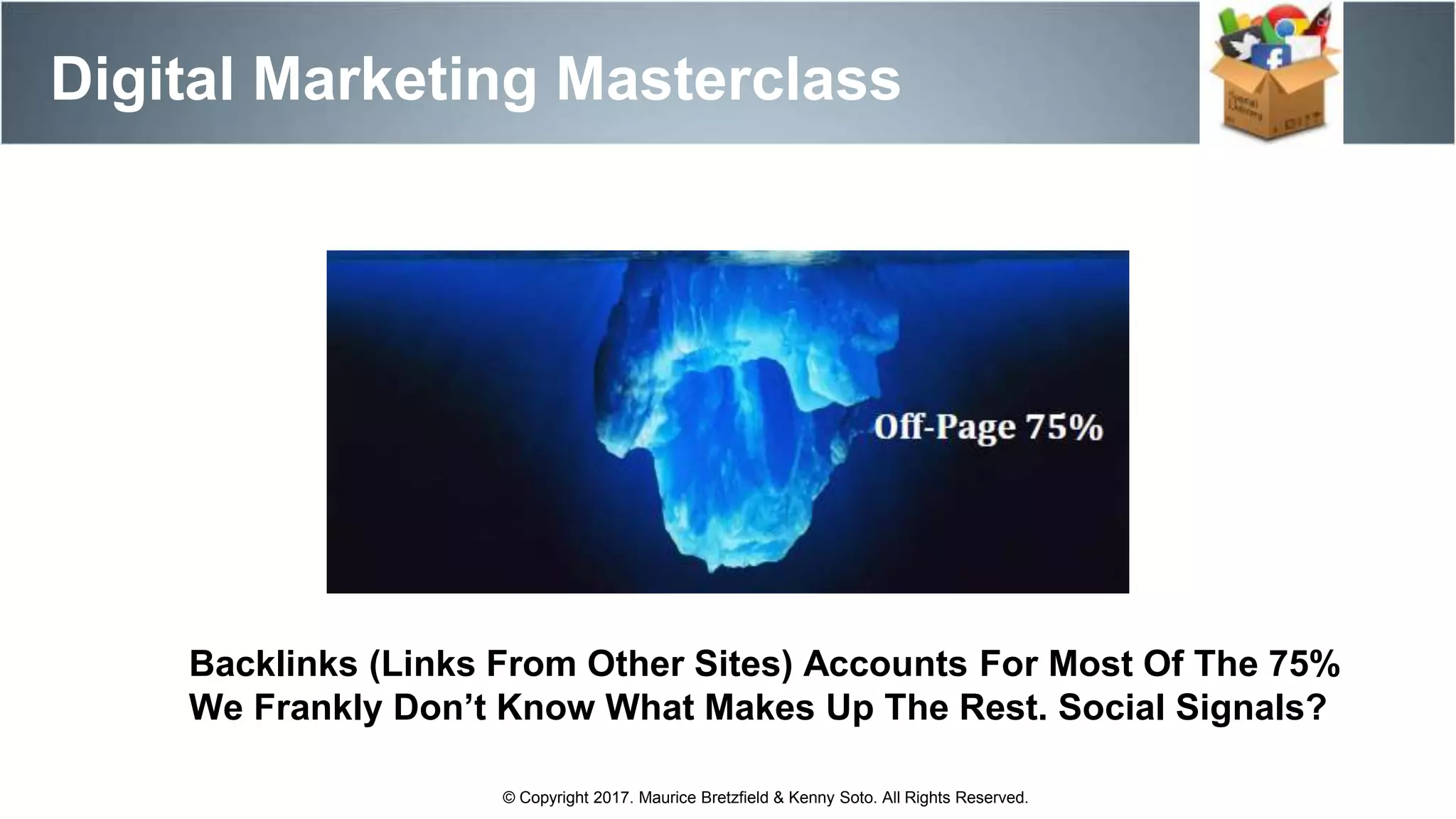 Digital Marketing Masterclass
© Copyright 2017. Maurice Bretzfield & Kenny Soto. All Rights Reserved.
Backlinks (Links From Other Sites) Accounts For Most Of The 75%
We Frankly Don’t Know What Makes Up The Rest. Social Signals?
 