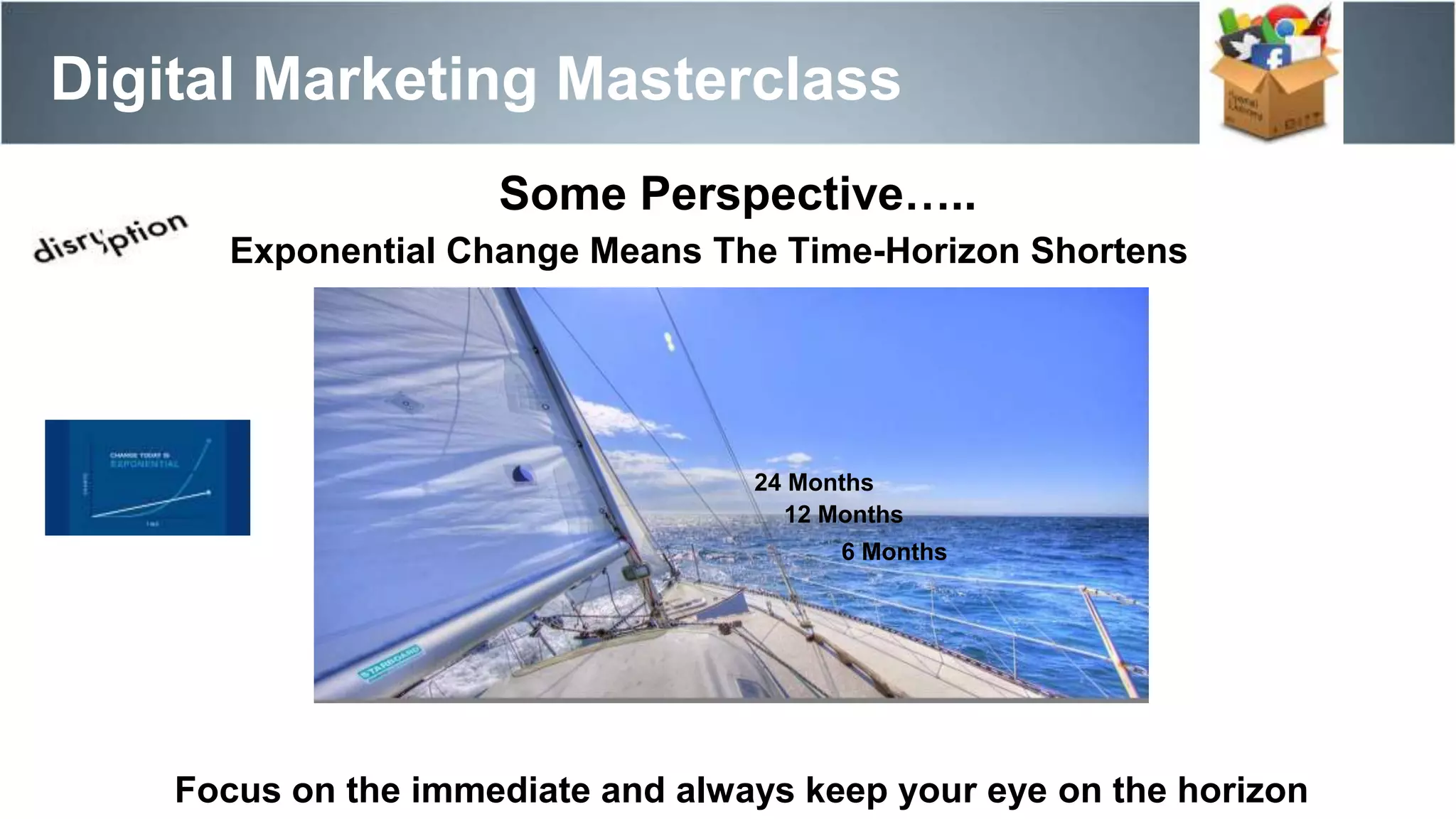 Focus on the immediate and always keep your eye on the horizon
Some Perspective…..
12 Months
24 Months
6 Months
Exponential Change Means The Time-Horizon Shortens
Digital Marketing Masterclass
 