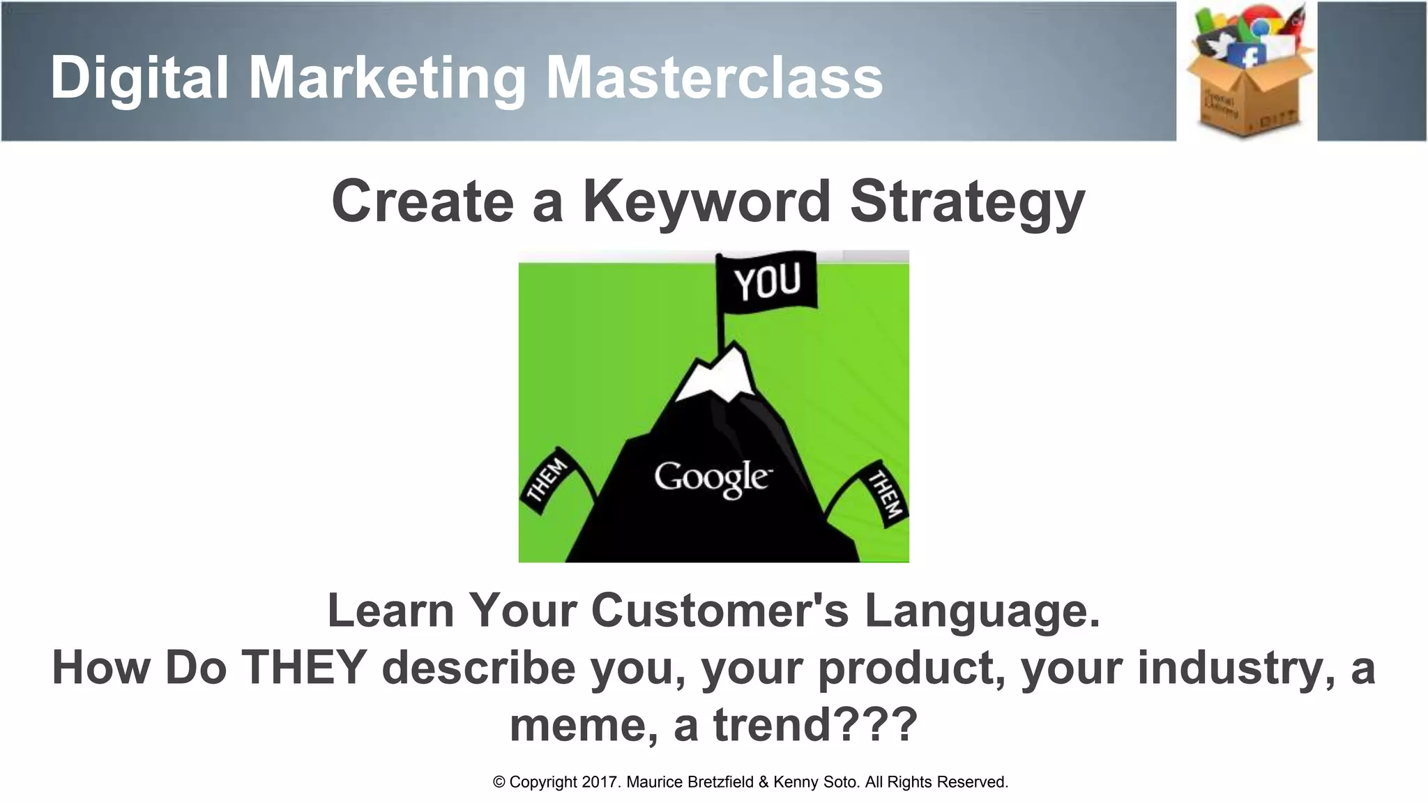 Digital Marketing Masterclass
© Copyright 2017. Maurice Bretzfield & Kenny Soto. All Rights Reserved.
Create a Keyword Strategy
Learn Your Customer's Language.
How Do THEY describe you, your product, your industry, a
meme, a trend???
 