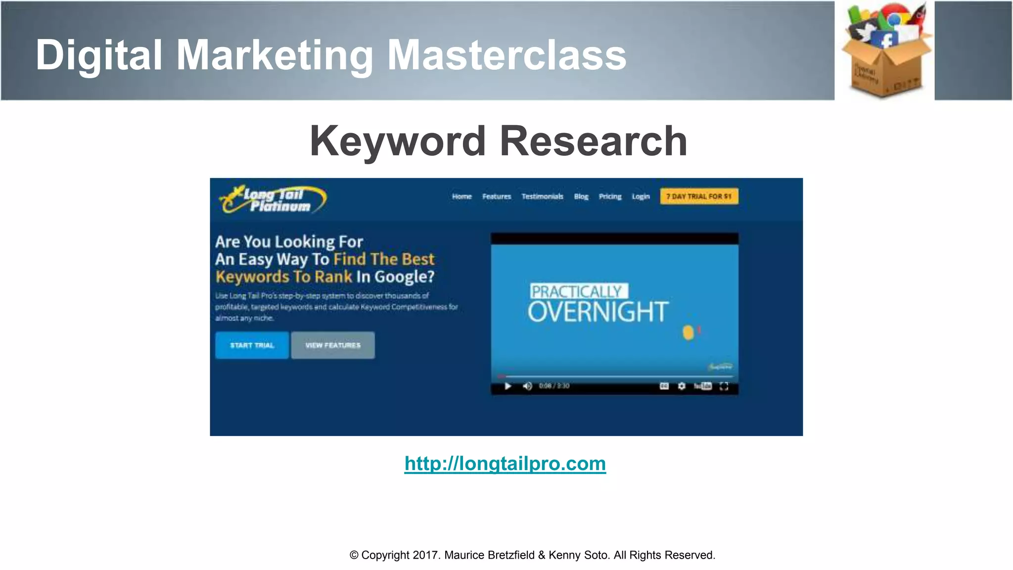 http://longtailpro.com
Digital Marketing Masterclass
© Copyright 2017. Maurice Bretzfield & Kenny Soto. All Rights Reserved.
Keyword Research
 