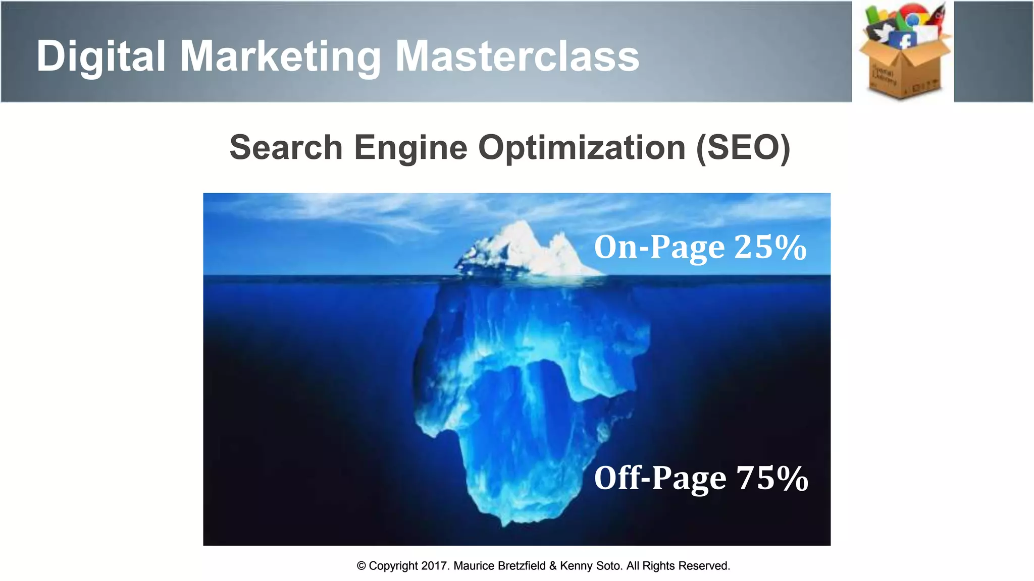 On-Page 25%
Off-Page 75%
© Copyright 2017. Maurice Bretzfield & Kenny Soto. All Rights Reserved.
Digital Marketing Masterclass
© Copyright 2017. Maurice Bretzfield & Kenny Soto. All Rights Reserved.
Search Engine Optimization (SEO)
 