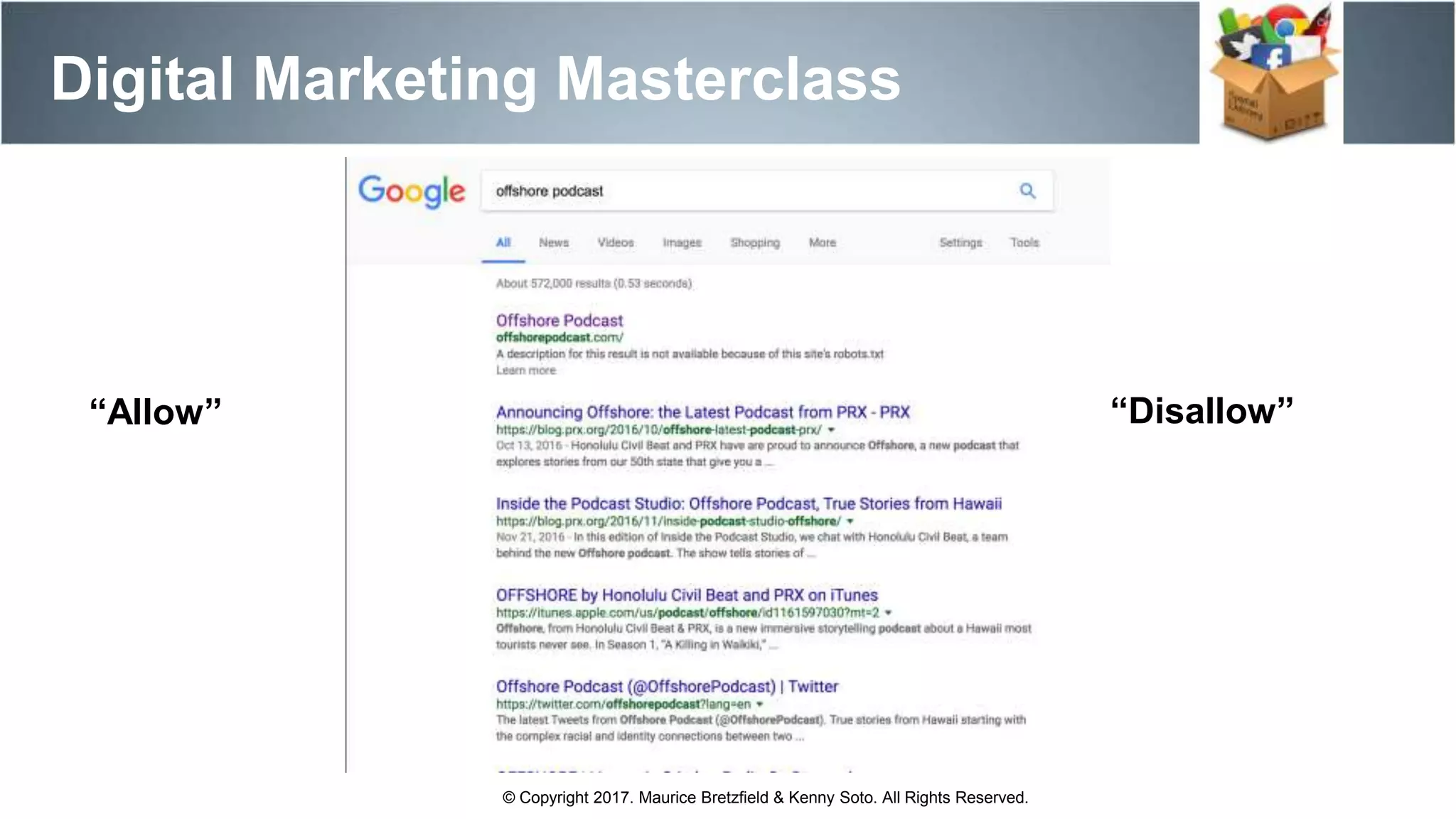 Digital Marketing Masterclass
© Copyright 2017. Maurice Bretzfield & Kenny Soto. All Rights Reserved.
“Allow” “Disallow”
 