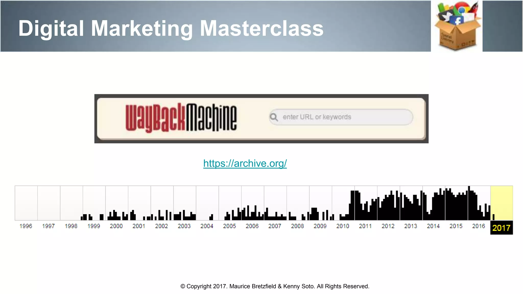 https://archive.org/
Digital Marketing Masterclass
© Copyright 2017. Maurice Bretzfield & Kenny Soto. All Rights Reserved.
 