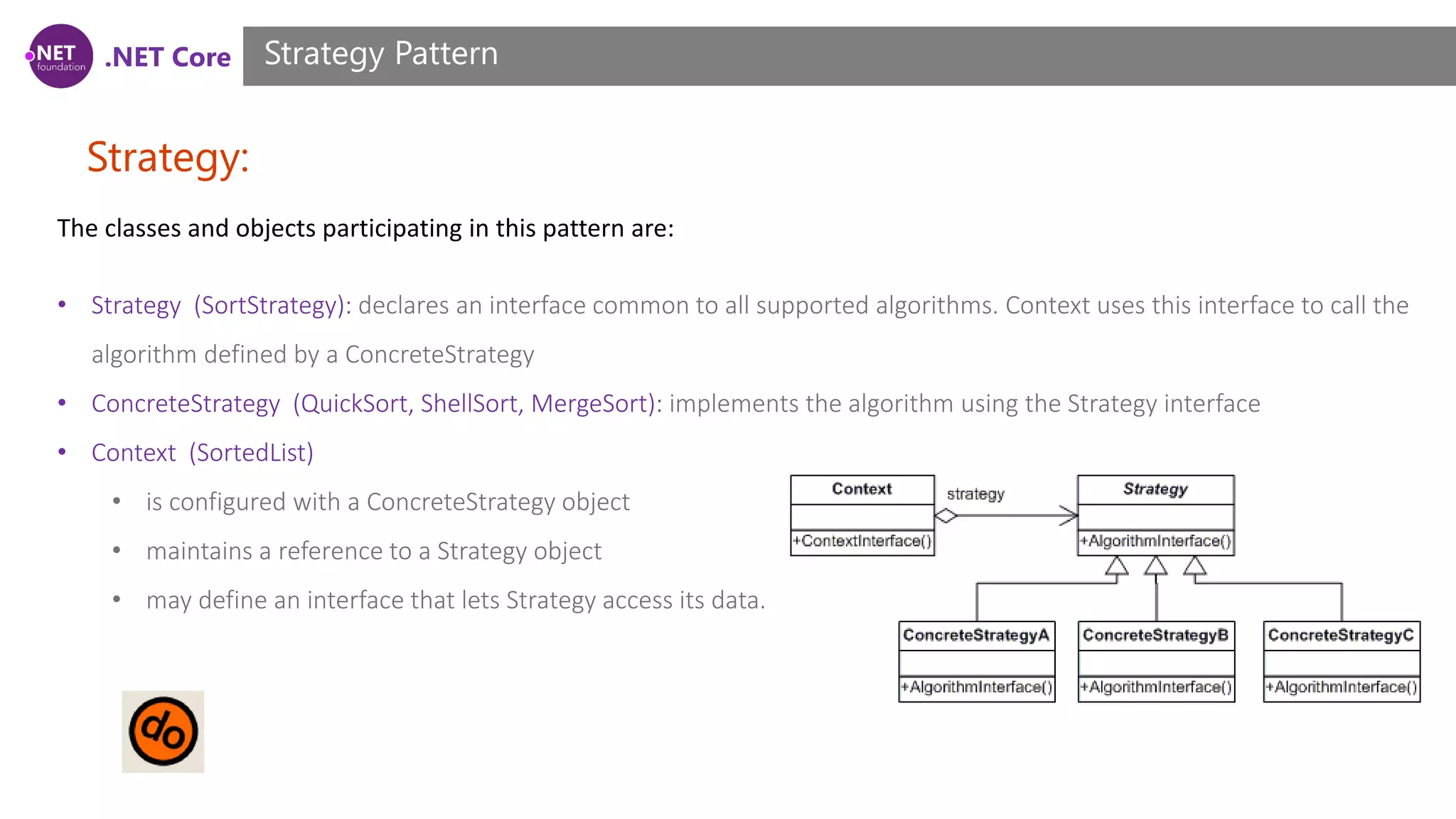 .NET Core Strategy: Strategy Pattern The classes and objects participating in this pattern are: • Strategy (SortStrategy): declares an interface common to all supported algorithms. Context uses this interface to call the algorithm defined by a ConcreteStrategy • ConcreteStrategy (QuickSort, ShellSort, MergeSort): implements the algorithm using the Strategy interface • Context (SortedList) • is configured with a ConcreteStrategy object • maintains a reference to a Strategy object • may define an interface that lets Strategy access its data. 