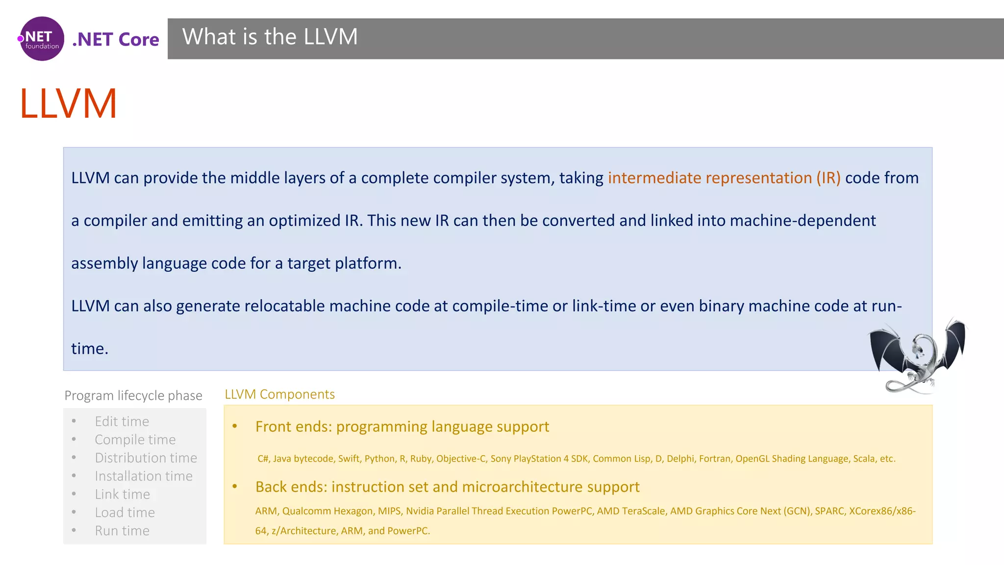 .NET Core LLVM What is the LLVM LLVM can provide the middle layers of a complete compiler system, taking intermediate representation (IR) code from a compiler and emitting an optimized IR. This new IR can then be converted and linked into machine-dependent assembly language code for a target platform. LLVM can also generate relocatable machine code at compile-time or link-time or even binary machine code at run- time. • Edit time • Compile time • Distribution time • Installation time • Link time • Load time • Run time Program lifecycle phase • Front ends: programming language support C#, Java bytecode, Swift, Python, R, Ruby, Objective-C, Sony PlayStation 4 SDK, Common Lisp, D, Delphi, Fortran, OpenGL Shading Language, Scala, etc. • Back ends: instruction set and microarchitecture support ARM, Qualcomm Hexagon, MIPS, Nvidia Parallel Thread Execution PowerPC, AMD TeraScale, AMD Graphics Core Next (GCN), SPARC, XCorex86/x86- 64, z/Architecture, ARM, and PowerPC. LLVM Components 