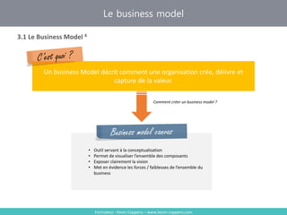 • Outil servant à la conceptualisation
• Permet de visualiser l’ensemble des composants
• Exposer clairement la vision
• Met en évidence les forces / faiblesses de l’ensemble du
business
Formateur : Kevin Coppens – www.kevin-coppens.com
Le business model
3.1 Le Business Model 4
Un business Model décrit comment une organisation crée, délivre et
capture de la valeur.
Comment créer un business model ?
 