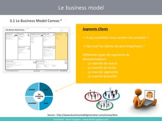 Formateur : Kevin Coppens – www.kevin-coppens.com
Le business model
3.1 Le Business Model Canvas 4
Source : http://www.businessmodelgeneration.com/canvas/bmc
Segments Clients
-> A qui souhaitez-vous vendre vos produits ?
-> Qui sont les clients les plus importants ?
Différents types de segments de
consommateurs :
- Le marché de masse
- Le marché de niche
- Le marché segmenté
- Le marché diversifié
- …
 