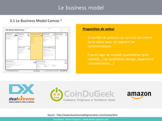 Formateur : Kevin Coppens – www.kevin-coppens.com
Le business model
3.1 Le Business Model Canvas 4
Source : http://www.businessmodelgeneration.com/canvas/bmc
Proposition de valeur
Proposition de valeur
- Ensemble de produits ou services qui créent
de la valeur pour un segment de
consommateurs
- Il peut s’agir de variable quantitative (prix,
rapidité,…) ou qualitative (design, expérience
consommateur,…)
 