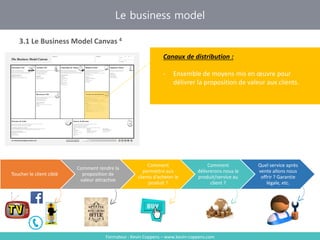 Formateur : Kevin Coppens – www.kevin-coppens.com
Le business model
3.1 Le Business Model Canvas 4
Canaux de distribution
Canaux de distribution :
- Ensemble de moyens mis en œuvre pour
délivrer la proposition de valeur aux clients.
Toucher le client ciblé
Comment rendre la
proposition de
valeur attractive
Comment
permettre aux
clients d’acheter le
produit ?
Comment
délivrerons nous le
produit/service au
client ?
Quel service après
vente allons nous
offrir ? Garantie
légale, etc.
 