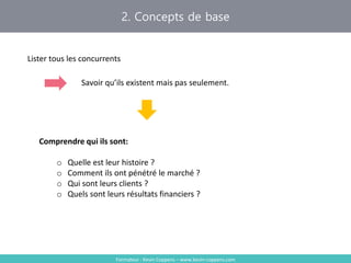 2. Concepts de base
Formateur : Kevin Coppens – www.kevin-coppens.com
Lister tous les concurrents
Savoir qu’ils existent mais pas seulement.
Comprendre qui ils sont:
o Quelle est leur histoire ?
o Comment ils ont pénétré le marché ?
o Qui sont leurs clients ?
o Quels sont leurs résultats financiers ?
 
