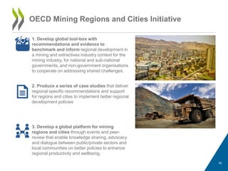 16
OECD Mining Regions and Cities Initiative
1. Develop global tool-box with
recommendations and evidence to
benchmark and inform regional development in
a mining and extractives industry context for the
mining industry, for national and sub-national
governments, and non-government organisations
to cooperate on addressing shared challenges.
2. Produce a series of case studies that deliver
regional specific recommendations and support
for regions and cities to implement better regional
development policies
3. Develop a global platform for mining
regions and cities through events and peer-
review that enable knowledge sharing, advocacy
and dialogue between public/private sectors and
local communities on better policies to enhance
regional productivity and wellbeing.
 
