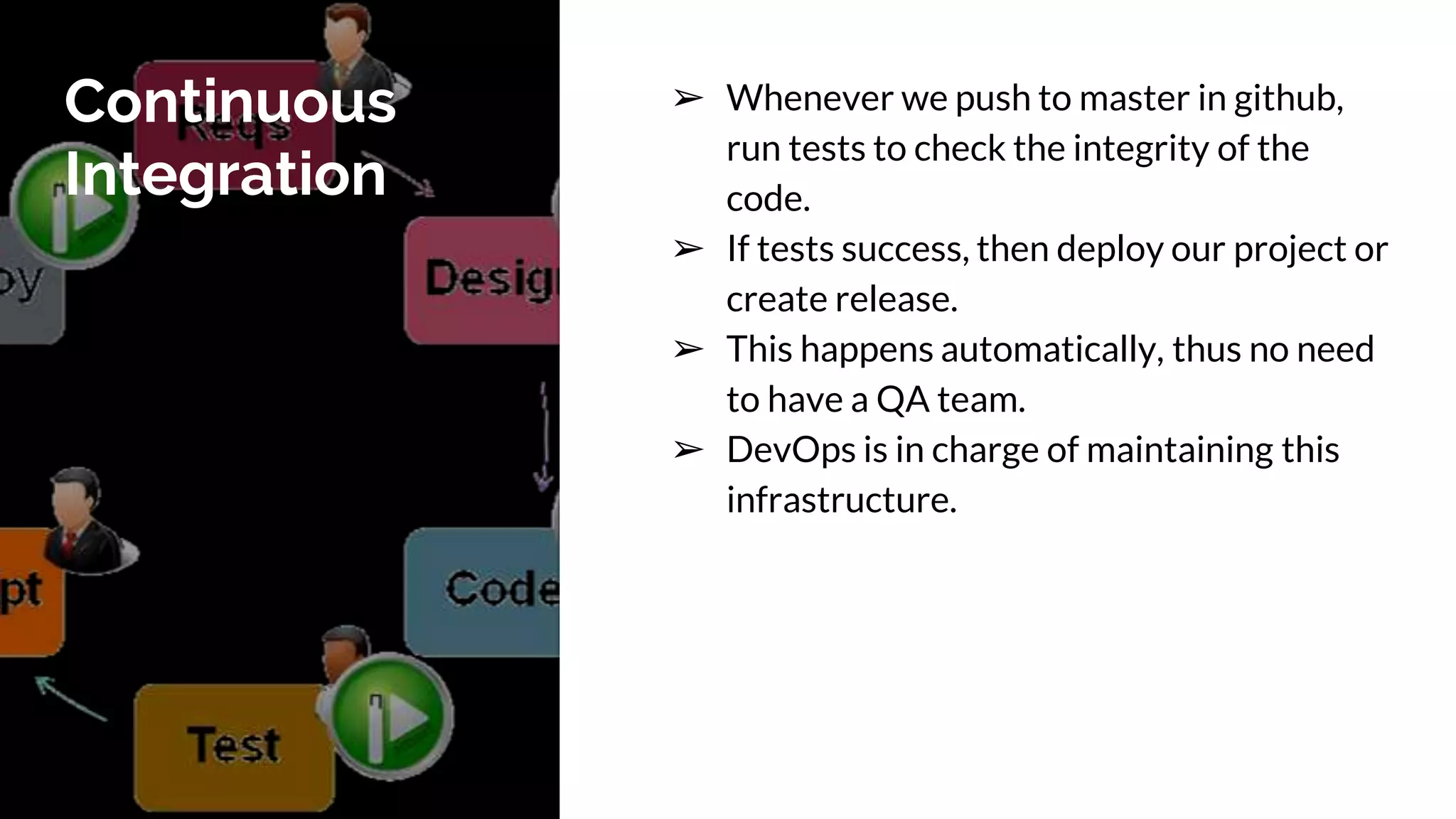 Continuous
Integration
➢ Whenever we push to master in github,
run tests to check the integrity of the
code.
➢ If tests success, then deploy our project or
create release.
➢ This happens automatically, thus no need
to have a QA team.
➢ DevOps is in charge of maintaining this
infrastructure.
 