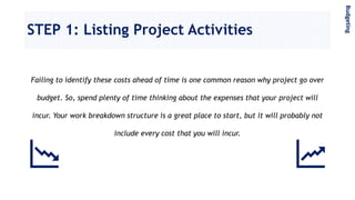 STEP 1: Listing Project Activities
Failing to identify these costs ahead of time is one common reason why project go over
budget. So, spend plenty of time thinking about the expenses that your project will
incur. Your work breakdown structure is a great place to start, but it will probably not
include every cost that you will incur.
Budgeting
 